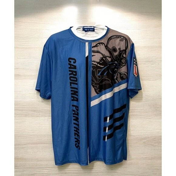 Carolina Panthers Mens T Shirt 3D Performance Size L Blue Taped Neck - Picture 1 of 9